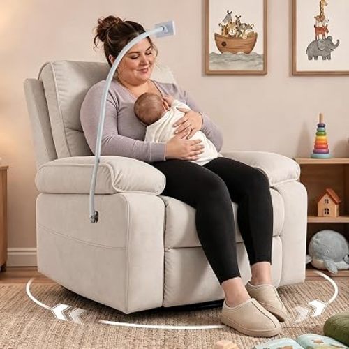 360° Swivel Glider Rocking Chair Nursery， Oversized Recliner with Phone Holder，Nursing Chairs for Breastfeeding with Wide Foot Rest for Living Room and Baby Room,Beige