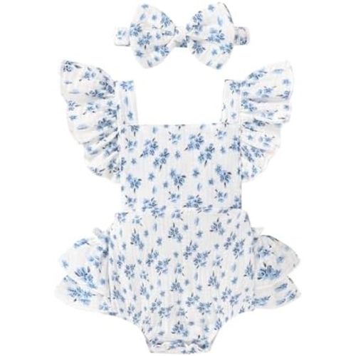 Happy Town Baby Girl Clothes Toddler Summer Linen Romper Sleeveless Ruffle Outfits Infant Girls Jumpsuit with Headband