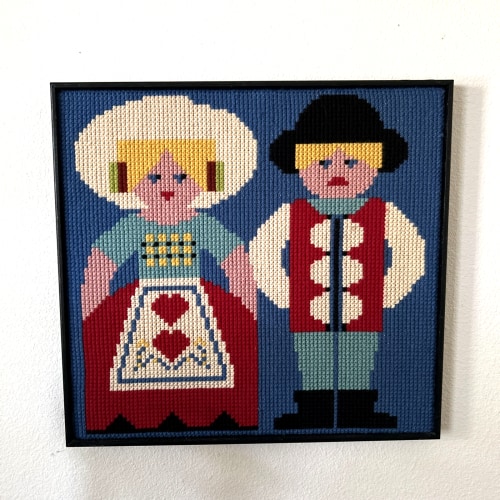 Vtg Nursery Art Large Handmade Cross Stitch 21" x 20" Girl & Boy Gallery Wall