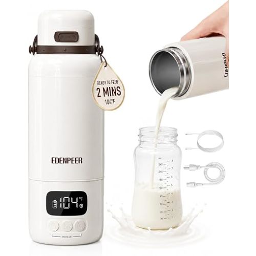 Portable Bottle Warmer for Travel | Cordless Battery & AC Powered Dual Heating | Fast Baby Milk Warmer for Breastmilk, Formula & Water | 3" Wide Mouth Easy Cleaning | 17oz Large Capacity