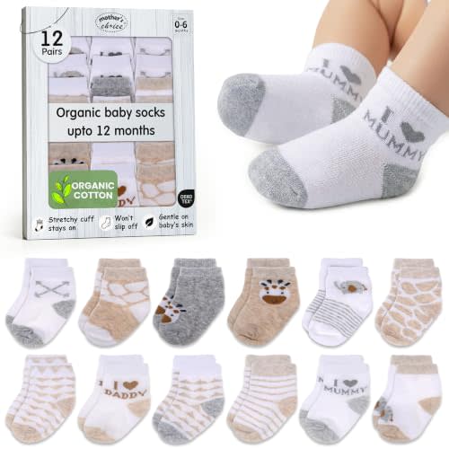 Organic Cotton Blend 12 Newborn Socks Baby Boy 0-6 M Gift Registry | Oeko-Tex Certified, Ankle Socks, 12 Pairs, Infant Socks , Cotton Socks For Boys, Brown & White, For Baby Boys, 0-6 Months