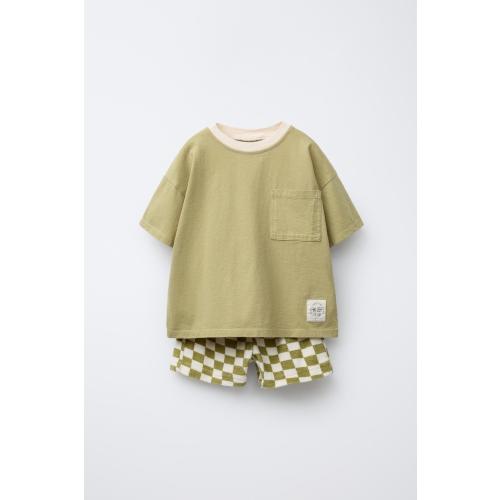 CHECKERBOARD T-SHIRT AND BERMUDA JOGGING SET - Ecru / Khaki | ZARA United States