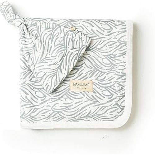 MakeMake Organics GOTS Organic Cotton Baby Swaddle Receiving Blanket Knotted Hat Large Stretchy Wrap Newborns (Waves, 40"X40")