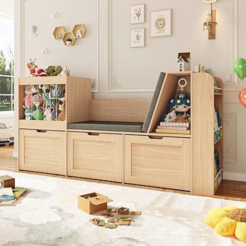 66.9" Kids Reading Nook, Toy Storage Organizer with Stuffed Animal Storage, Bench and Removable Cushions, Wooden Toddler Bookshelf with 3 Movable Drawers for Nursery, Playroom (Oak)