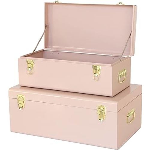 Vixdonos Metal Trunks College Dorm Steel Chests Decorative Storage Box Set of 2 Bedroom Organizer for Home Decor,23.7X14.2X9.5 Inches(Pink)
