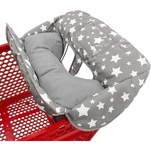 Love&go Soft Pillow Attached 2-in-1 Shopping Cart and High Chair Cover for Baby, Cotton Padded Cart Cover, Fold'n Roll Style, Portable with Carry Bag (Gray Stars)