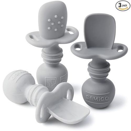 SAMiGO Silicone Baby Spoons Self Feeding 6+ Months - Infant Toddler Utensils - First Stage Baby Led Weaning Feeding Supplies - Set of 3 Pack | First Stage Spoons, Baby Led Weaning Supplies, Feeding Eating Essentials, Starting Solid Food Must Haves