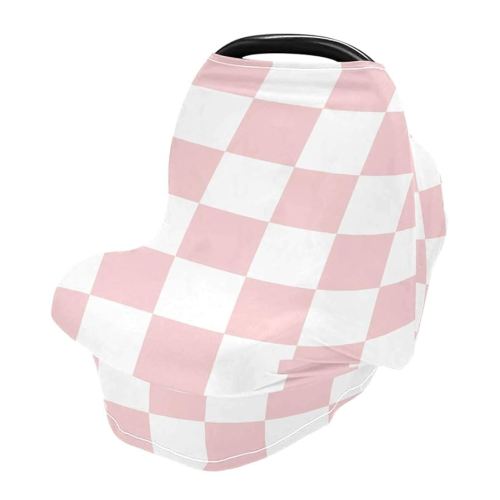 White Pink Squares Checkerboard Baby Car Seat Covers Checkered Plaid Carseat Canopy Soft Infant Stroller Cover Nursing Breastfeeding Covers for Girls Boys Newborn Fit Summer Spring Autumn