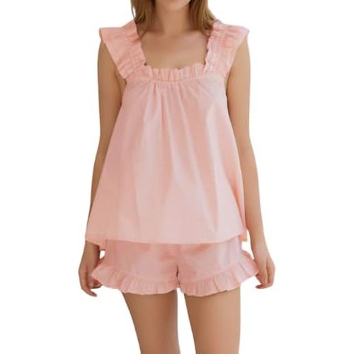 Womens Summer Pajama Sets 2 Piece Outfits Ruffle Trim Top and Shorts Cotton Loungewear Set