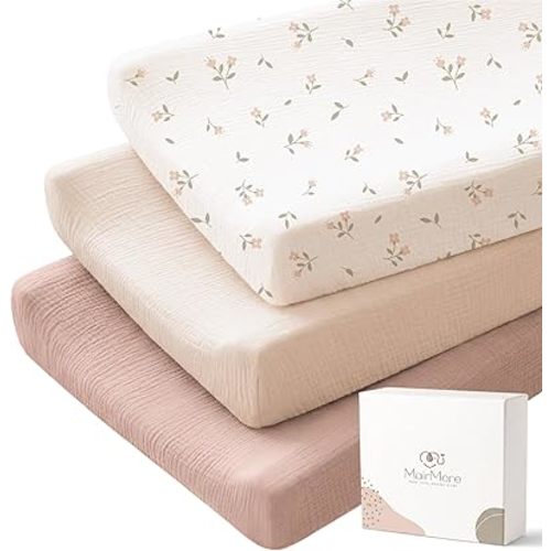 MairMore 3 Pack Changing Pad Cover for Neutral Baby, Muslin Soft Cotton Diaper Changing Table Pad Cover Changing Pad Sheets for Girls and Boys (Pink Blossom)