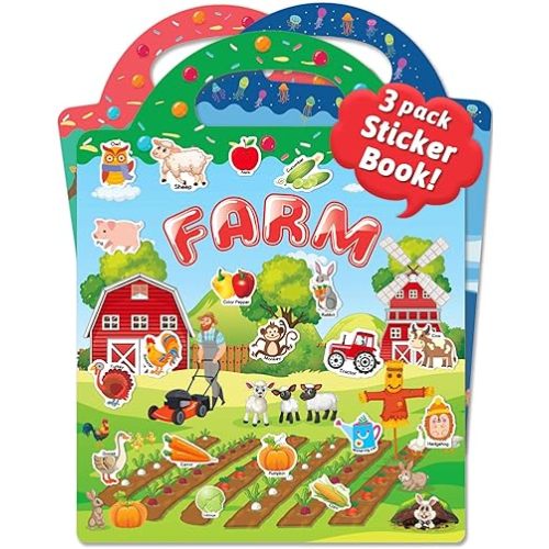 Benresive Reusable Sticker Book for Toddlers 2-4 Years, 3 Sets Travel Stickers for Kids, Waterproof Sticker Books for Toddlers 1-3, Crafts Activities for Todddlers 1-3 2-4 3-5