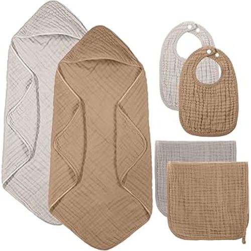 6 Pcs Muslin Hooded Bath Towels Washcloths and Bibs Set, Muslin Cotton Baby Towels Absorbent Hooded Blanket Towel Infant Bibs for Boys Girls Newborn Infant Essentials(Brown, Beige)