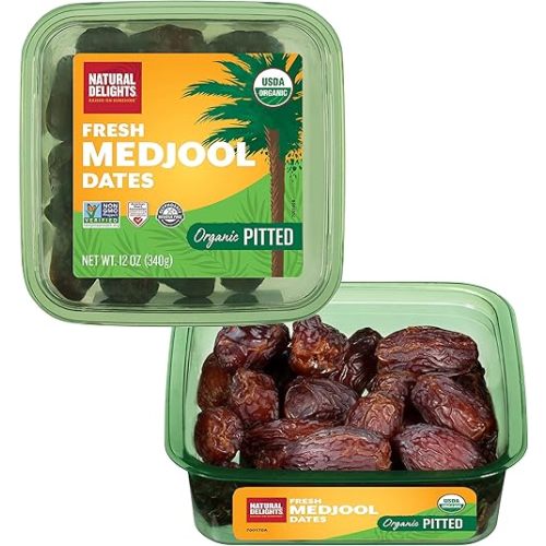 Natural Delights Medjool Dates - Jumbo USDA Certified Organic Pitted Dates Medjool, Non-GMO Verified, Good Source of Fiber, Naturally Sweet Fruit Snack, Perfect for On-the-Go - Organic Medjool Dates Pitted, 12 oz Container