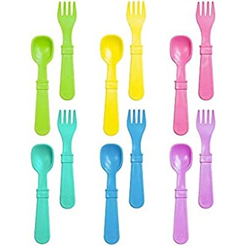 RE-PLAY Made in USA 12pk Fork and Spoon Utensil Set for Baby & Toddler Feeding in Yellow, Lime, Pink, Purple, Aqua & Sky Blue |BPA FREE| Made of Eco Friendly Recycled Milk Jugs| Sorbet