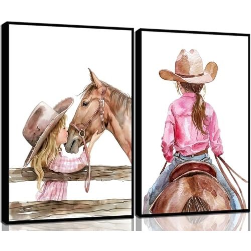 XXOUYLQ 2PCS Cowgirl Nursery Wall Art girl and horse Poster Girl kissing horse Pictures Painting Canvas Decor American Western style prints Wall Decor animal Posters for Baby Bedroom unframed