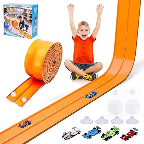 Flexible Race Car Track for Kids 15 Ft Flex Tracks Starter Set Compatible with Diecast 1/64th Cars Portable Rolls Up Race Tracks with Strong Suction Cups Birthday Gifts for Boys Girls Ages 3+
