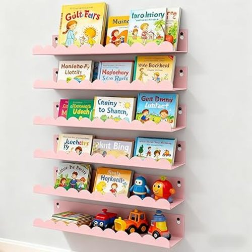 Nursery Book Shelves Set of 6, Pink Metal Floating Shelves for Wall, 16 Inch Scalloped Book Shelf for Kids Room, Bathroom, Bedroom, Playroom Wall Decor & Storage
