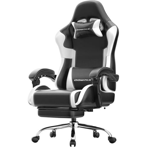 Dowinx Gaming Chair with Footrest, 330lbs Computer Chair 2D Lift Linkage Armrest, Massage Lumbar, Height Adjustable Ergonomic Comfy Video Game Chairs for Home Office Streaming, Long Gaming, White