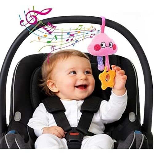 Musical Car Seat Toy for Babies 0-12 Months Girl, Unicorn Activity Hanging Toy Accessories Stroller Toy with Soothing Music