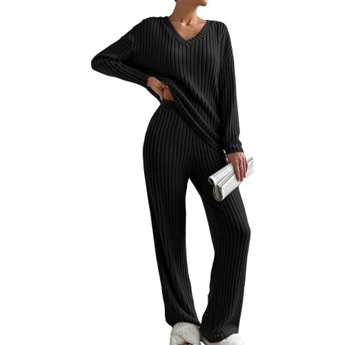 SHEWIN Women's Pajama Sets Long Sleeve Short Sleeve 2 Piece Lounge Sets Ribbed Knit Sweater Sleepwear
