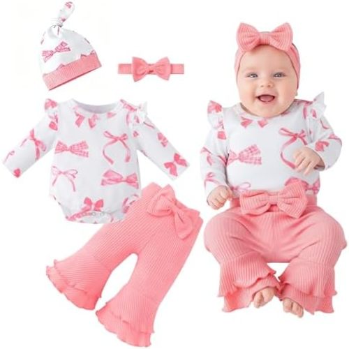 Asmea Preemie Newborn Baby Girl Clothes Cute Baby Girl Winter Outfits Gifts Infant Romper Bell Bottoms Pant Bow Headband Sets
