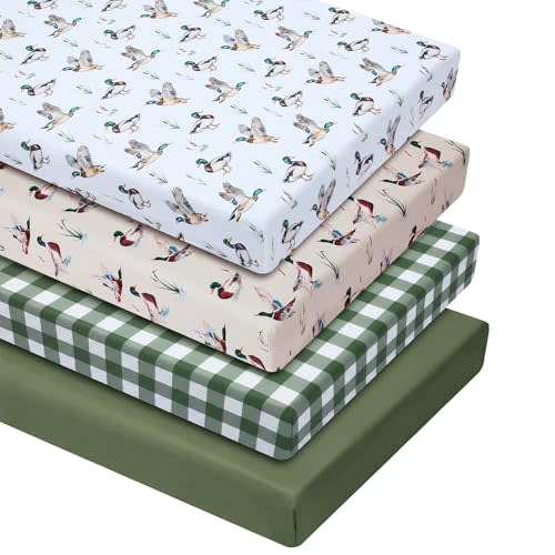 VitalCozy 4 Pcs Mallard Duck Crib Sheet Set Newborn Bedding Nursery Baby Sheets for Girl Boys Baby Gifts for Standard Crib and Toddler Mattresses, 52 x 28 x 8 Inches