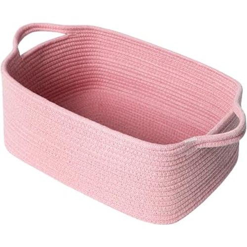 MEGASKET Pink Woven Storage Basket, Cotton Rope Gift Basket Empty, Cute Organizer for Girls, Decorative Baby Nursery Closet Bin, Pink Room Decor, Gift Ready Bin with Handle, Wicker Pet Toy Storage Box