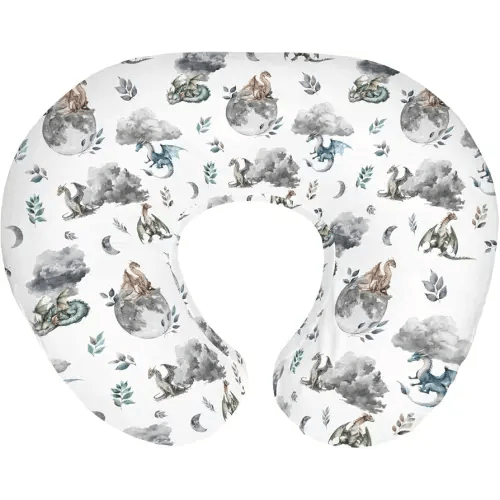 Watercolor Dragons Baby Nursing Pillow Covers for Boy Girl Fairytale Dragon Wings Leaves Nursing Slipcovers for Breastfeeding Pillows Dragon Moon Cloud Soft Stretchy Removable Cover for Newborn Infant