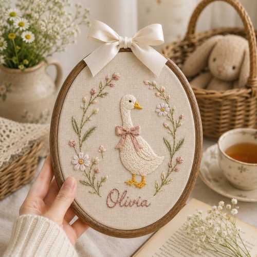 Personalized Striped Goose Baby Name Hoop, Storybook Goose Nursery Wall Art, Floral Embroidered Newborn Gift