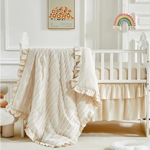 3 Pieces Tufted Stripes Crib Bedding Set with Ruffle Fringe, Beige Ruffled Comforter with Fitted Sheet and Bed Skirt , Soft and Embroidery Shabby Chic Boho Bohemian Jacquard Design for Baby Girls Boys