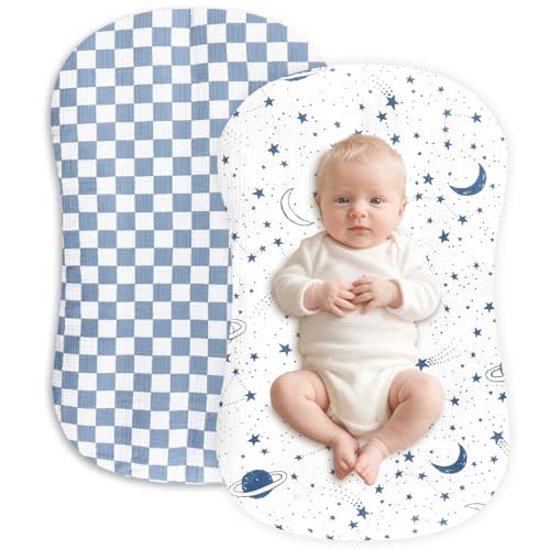 Hooyax Muslin Baby Lounger Cover 2 Pack - 100% Breathable Cotton Soft Infant Lounger Covers, Fits Most Standard Newborn Loungers & Pillows (Blue Checker+Star)