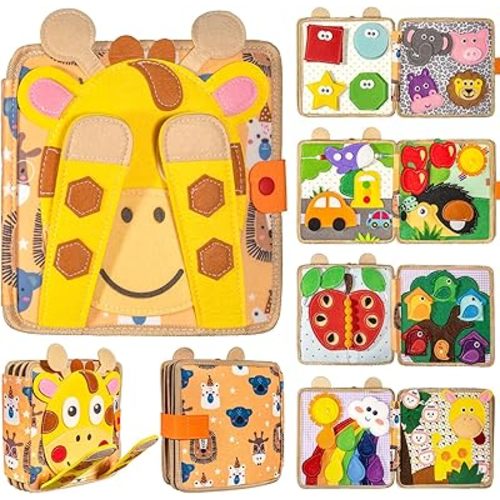 Montessori Busy Board for Toddlers 1-3, Sensory Educational Activities Board for Learning Fine Motor Skills, Travel Toys for Airplane Car, Gift for Girls Boys 2-4 Years Old (Giraffe)