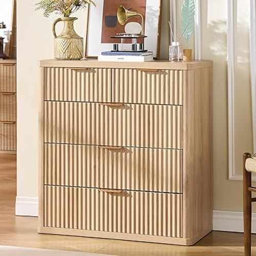 LEYAOYAO Fluted 5 Drawers Dresser for Bedroom, 34" Tall Modern Chest of Drawers with Metal Handle, Curved Profile Design,Natural Wood Drawer Organizer for Bedroom, Living Room, Hallway, Entryway