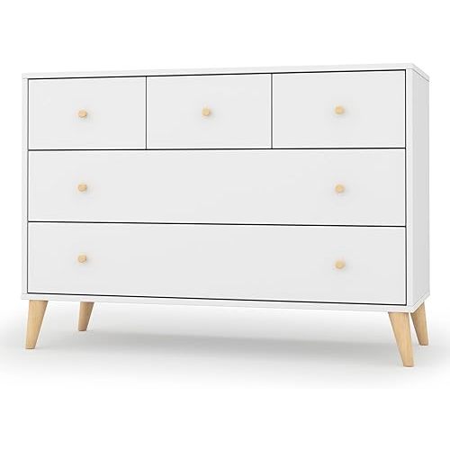 dadada Austin 5-Drawer Dresser for Nursery and Bedroom - Modern Design, Large Storage, Baby-Safe Finish, Anti-Tip Safety, Solid Wood Feet, Durable Construction (White+Natural)