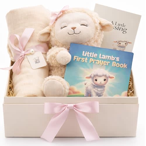 Baptism Gifts for Girl - Christening & Dedication 5-Piece Keepsake Set | Ready-to-Gift Box: 10" Praying Lamb Plush with Pink Bow, Bamboo Muslin Blanket, First Prayer Book & Card.