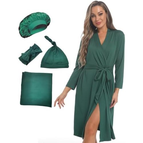 Maternity Robe with Matching Swaddle Set Soft Maternity Gown Long Sleeves Mommy Robe Receiving Blanket Set