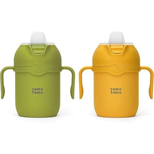 Comotomo Toddler Tumbler Set – Insulated Tumblers (Green & Yellow) to keep drinks warm and cold – Spill Resistant Cups for Toddlers Learning Independent Drinking