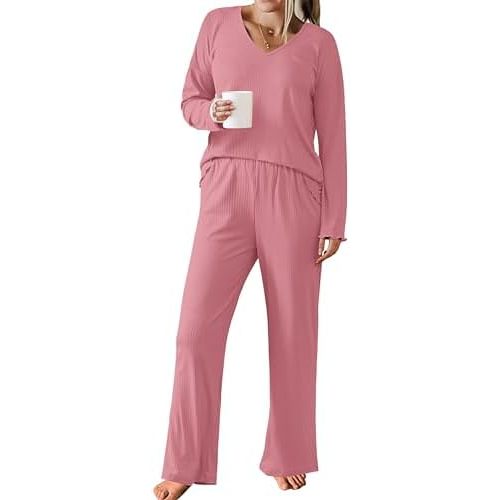 Ekouaer Womens Ribbed Knit Pajamas Set V Neck Long Sleeve Pj Set 2 Piece Loungewear Casual Sleepwear