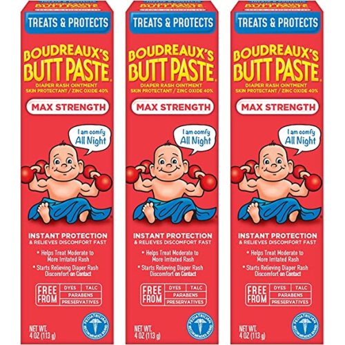 Boudreaux’s Butt Paste Max Strength Diaper Rash Cream for Baby, Ointment With Zinc Oxide, 4 oz Tubes, 3 Pack