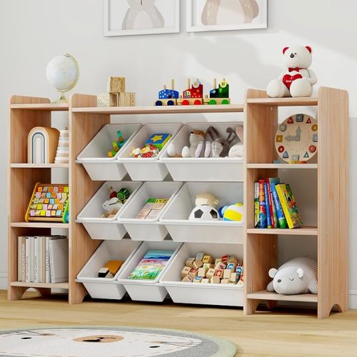 MallBest 57" Extra Wide Solid Wood Toy Storage Cabinet, 4-Tier Kids Bookshelf and Open Storage Organizer with 9 Bins, Premium Pine Wood Nursery Furniture for Playroom & Bedroom, Natural