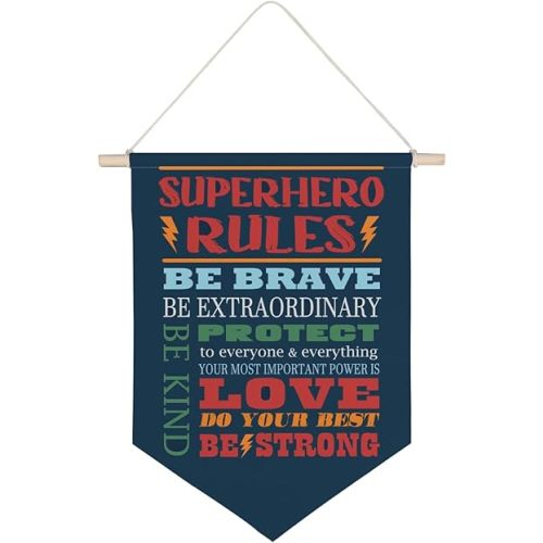 QODUNG Inspirational Quote Superhero Rules Avengers Room Decor,Cool Wall Decor for Boys,Bedroom,Playroom,Toddler and Kids Room,Wall Hanging Pennant Flag Canvas Banner