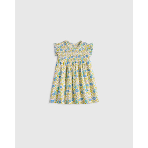 100% Organic Cotton Poplin Smocked Flutter Sleeve Dress - Baby Girl in Pink Woodblock Floral