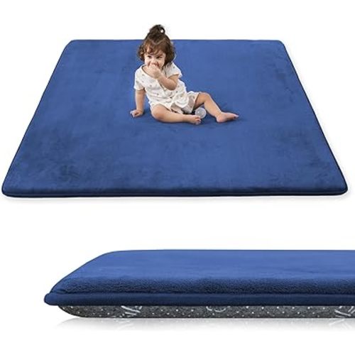 1.3" Thick Baby Play Mat for Floor, 79x79 Playpen Mat, Pro Soft Flannel Foam Mats Toddler Infant Kids Crawling for Nursery Rug Playroom Living Room Waterproof Easy Care Non-Slip (Blue)