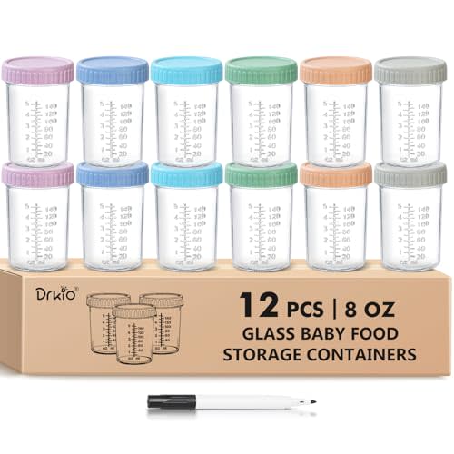 DRKIO 12 Pack Glass Baby Food Storage Containers - 8 Oz Baby Food Jars with Lids Baby Food Maker Microwave Dishwasher Freezer Safe 100% Leak Proof BPA Free Reusable