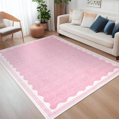 CAREMEE Scalloped Washable Rug 5x7 Area Rugs for Living Room, Solid Pink Rugs for Bedroom Girls, Non Slip Scalloped Rug Throw Mat with Rubber Back, Soft Dorm Nursery Low Pile Carpet for Dining Room