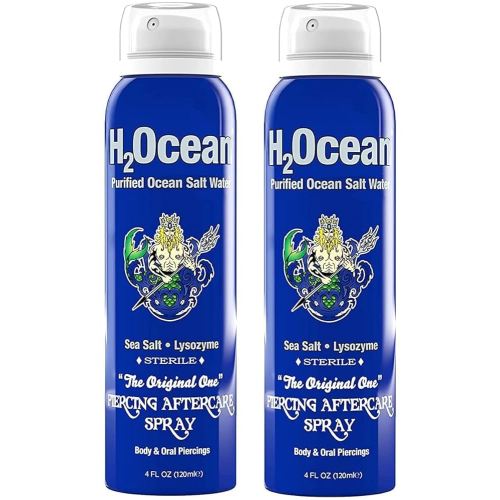 H2Ocean Piercing Aftercare Spray, Saline Spray for Piercings Cleaning Solution, with Sea Salt Nipple, Ear, Nose, Lip, Belly Piercings Cleaning Spray with Sea Salt & Bump Treatment, Set of 2