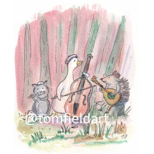 Watercolor and Ink Animal Musicians prints and canvas
