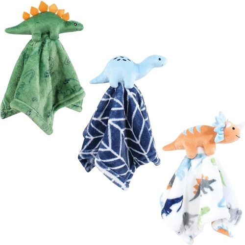 Hudson Baby Unisex Baby Animal Face Security Blanket, Dinosaurs 3-Pack, One Size