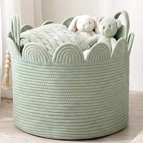 LemonRoad Sage Green Round Basket Large Blanket Basket 15.8"L x 15.8"W X13.8"H Scalloped Woven Baskets Cotton Storage Baskets for Nursery Classroom Closet Blankets Storage Home Decor