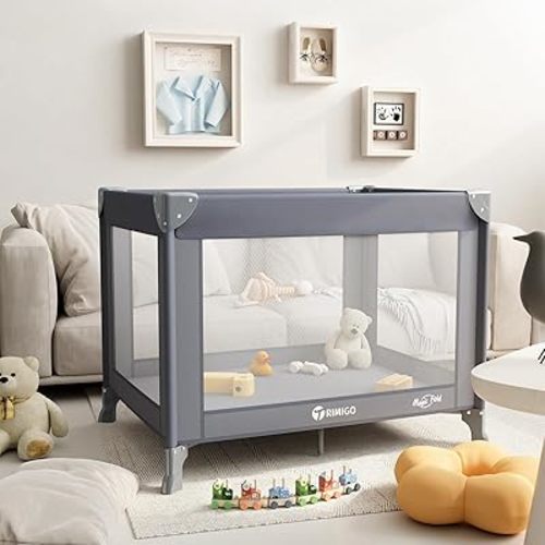 Portable Travel Crib & Playpen - Baby Safe Folding Travel Bed w/Mattress, Breathable Mesh | Compact Lightweight Baby Bed | Pack and Play for Babies & Toddlers (Grey)